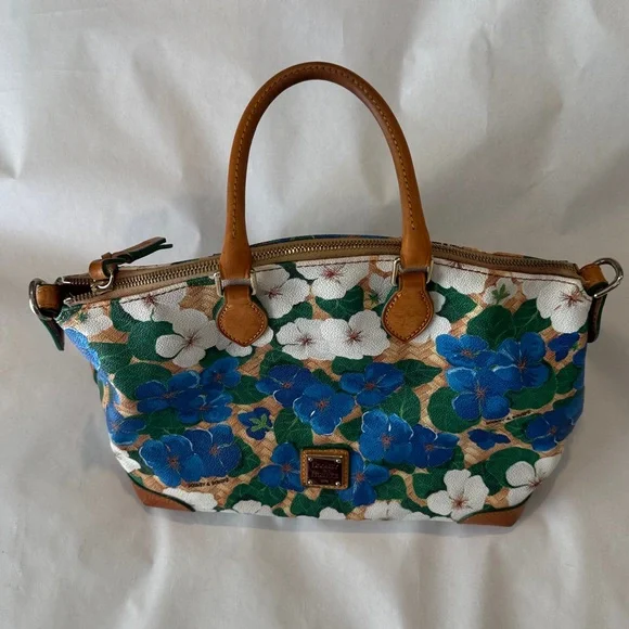 Dooney & Bourke Pansy Domed Satchel Yellow Blue Tan White Floral Leather - Picture 2 of 14